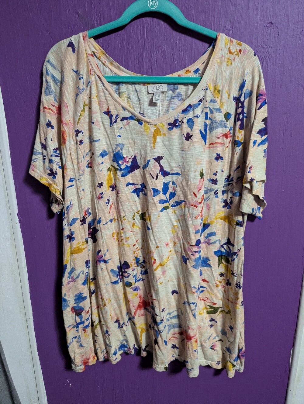 38. LOGO By Lori Goldstein Tan Pink Tie Dye Floral Short Sleeve Tee 2X 18 20